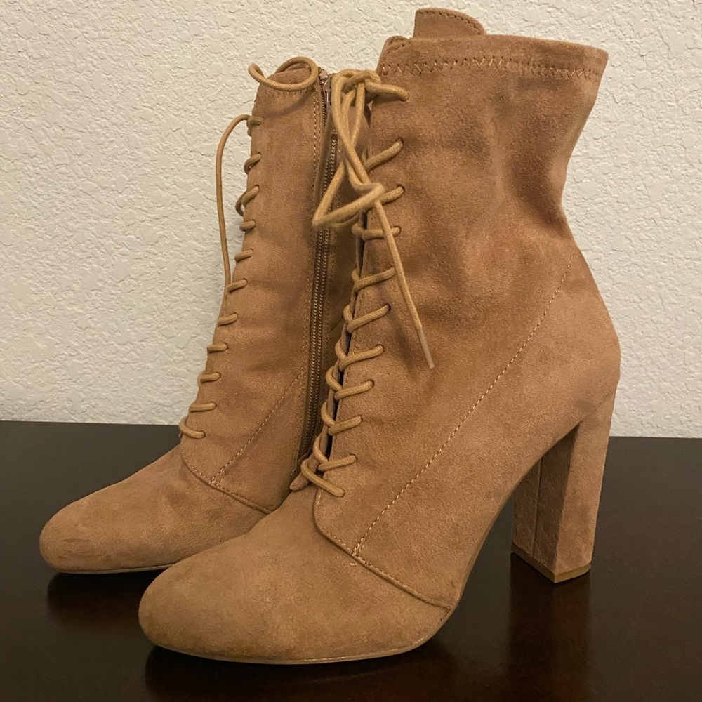 Elley Lace-Up Booties in Beige